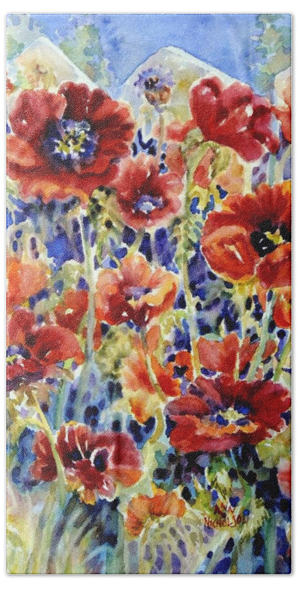 Watercolor Painting Bath Towel featuring the painting Picket Fence Poppies #1 by Ann Nicholson