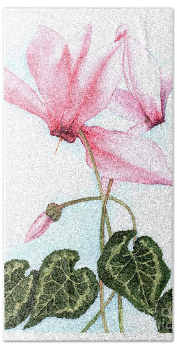 Flowers Bath Towel featuring the painting Pink Cyclamen by Hilda Wagner