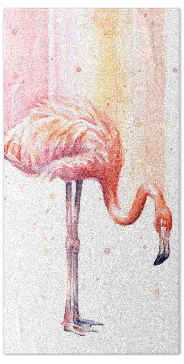 Pink Bath Towel featuring the painting Pink Flamingo - Facing Right #2 by Olga Shvartsur