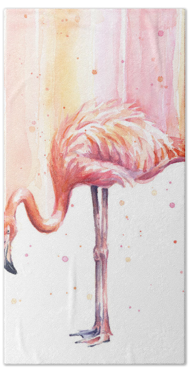Flamingo Hand Towel featuring the painting Pink Flamingo Watercolor Rain by Olga Shvartsur