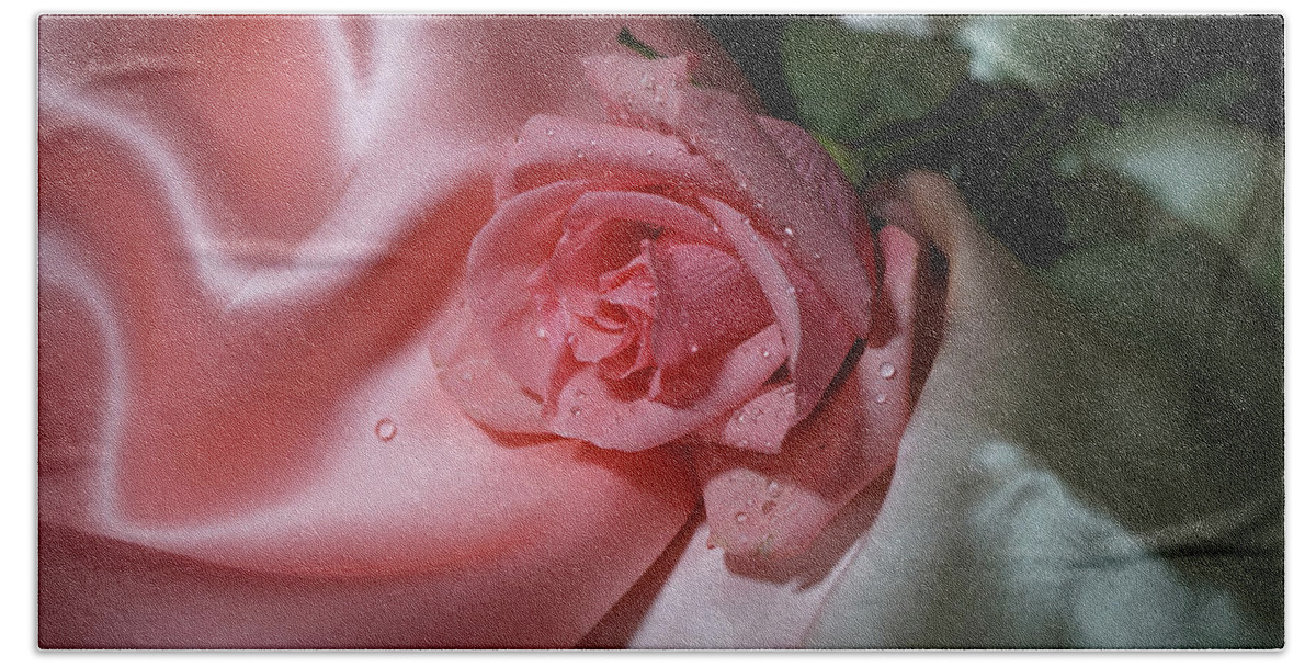 Rose Bath Towel featuring the photograph Pink Rose on the silk by Lilia D