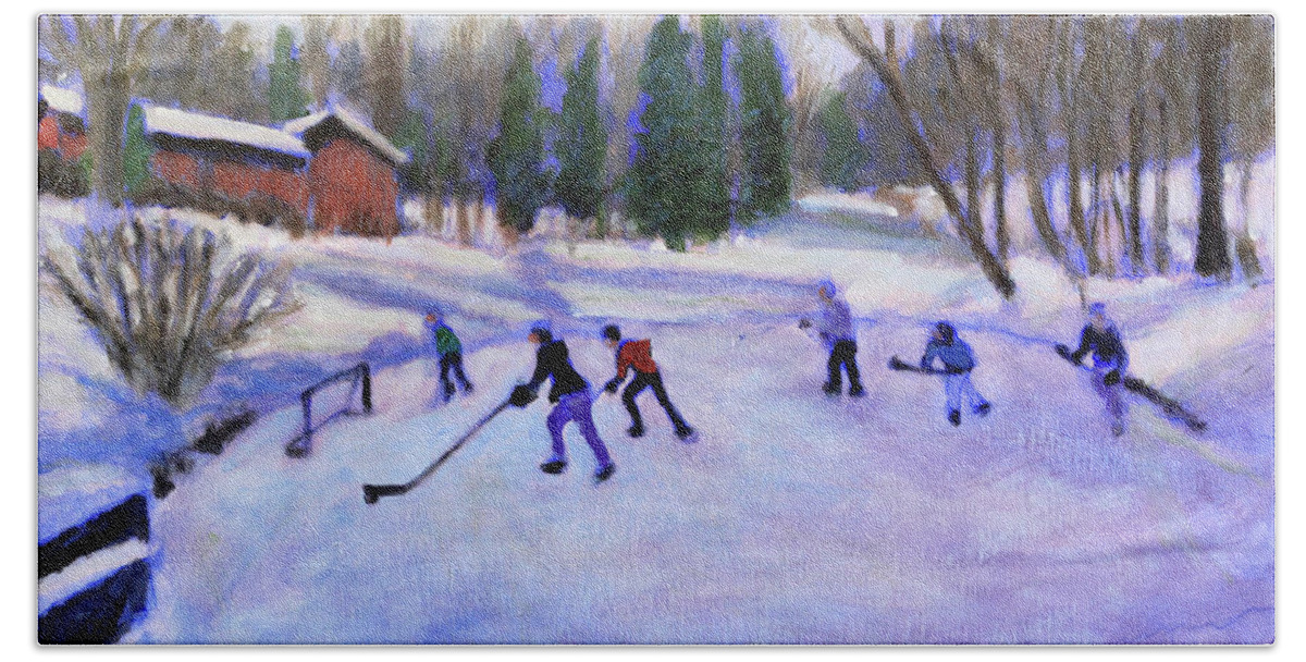 Pick Up Hockey Game Hand Towel featuring the painting Pond Rockets #1 by David Zimmerman