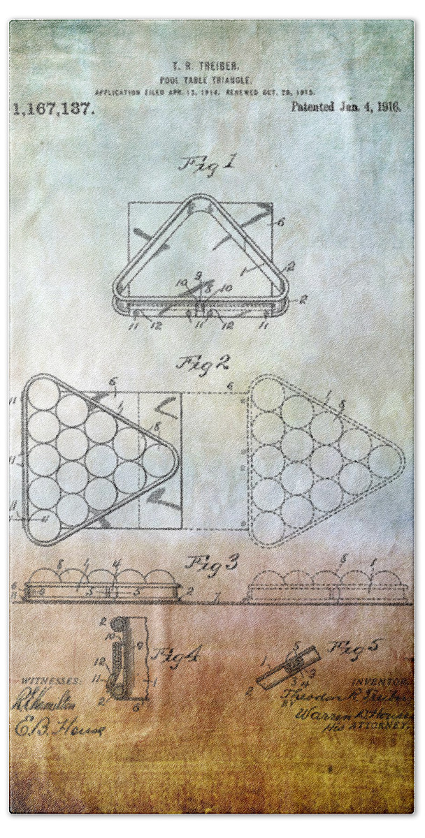 Pool Table Bath Towel featuring the photograph Pool table triangle patent from 1915 #1 by Chris Smith