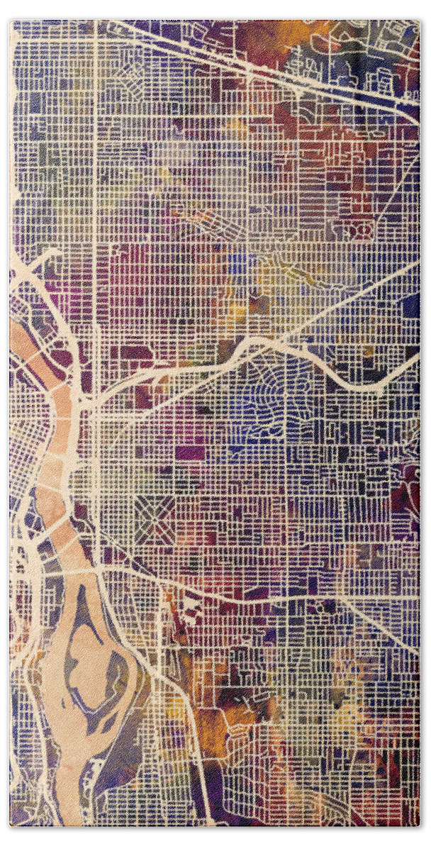 Portland Hand Towel featuring the digital art Portland Oregon City Map by Michael Tompsett