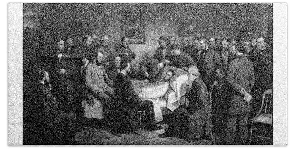 Abraham Lincoln Hand Towel featuring the drawing President Lincoln's Deathbed by War Is Hell Store