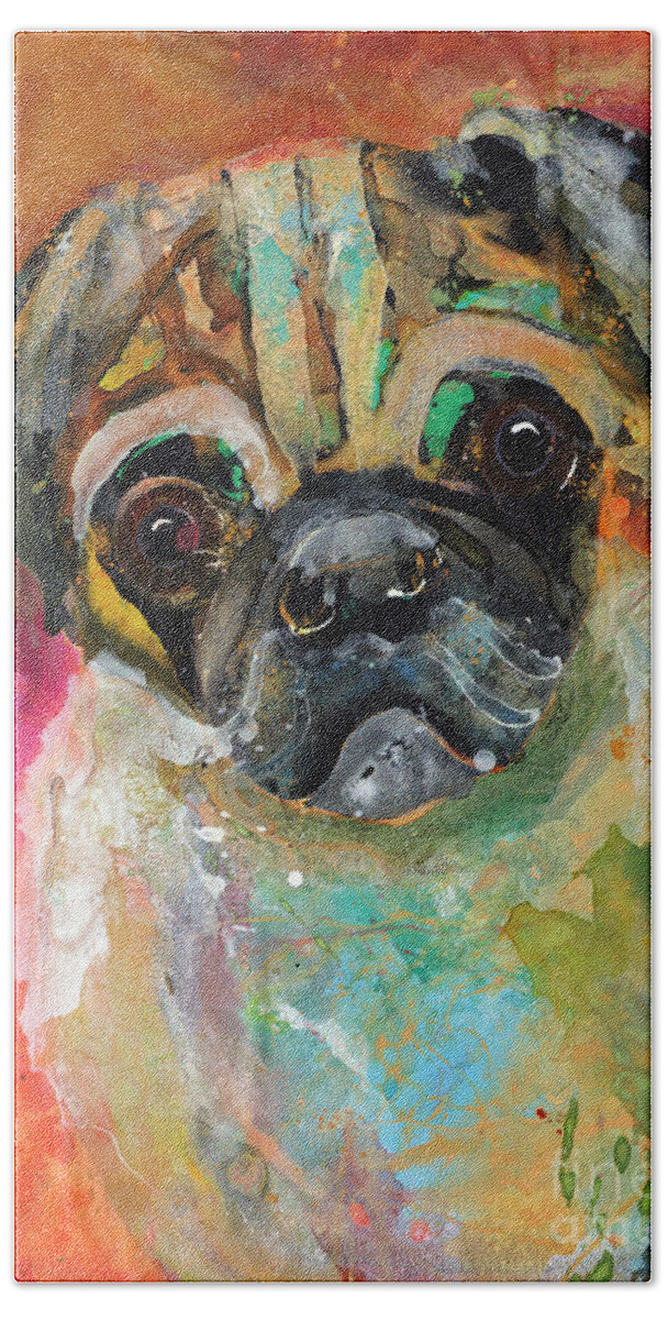 Pug Bath Towel featuring the painting Pucker Up Pug #1 by Kasha Ritter