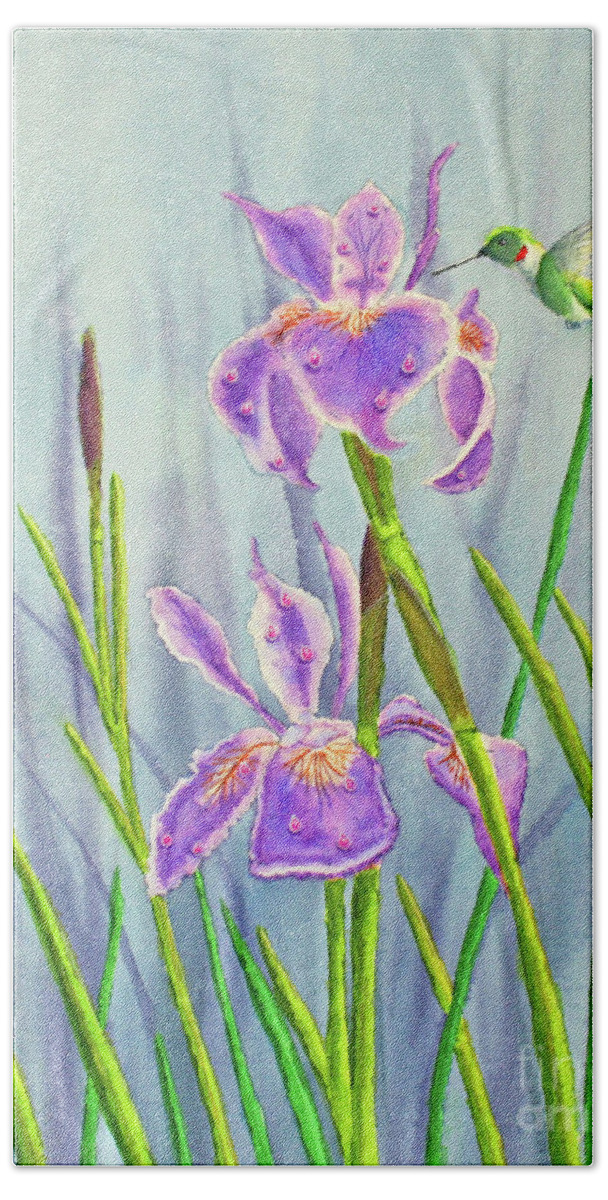 Dutch Iris Bath Towel featuring the painting Purple Dutch Iris and Hummer #1 by Kathryn Duncan