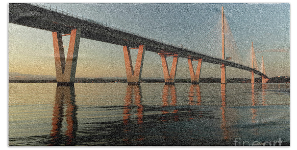 Queensferry Crossing Bath Towel featuring the photograph Queensferry Crossing at Sunset #1 by Maria Gaellman