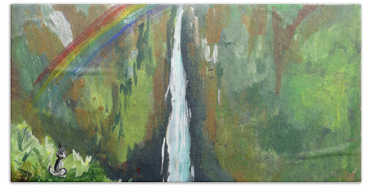 Rainbow Hand Towel featuring the painting Rainbow Falls #1 by Karen Ferrand Carroll