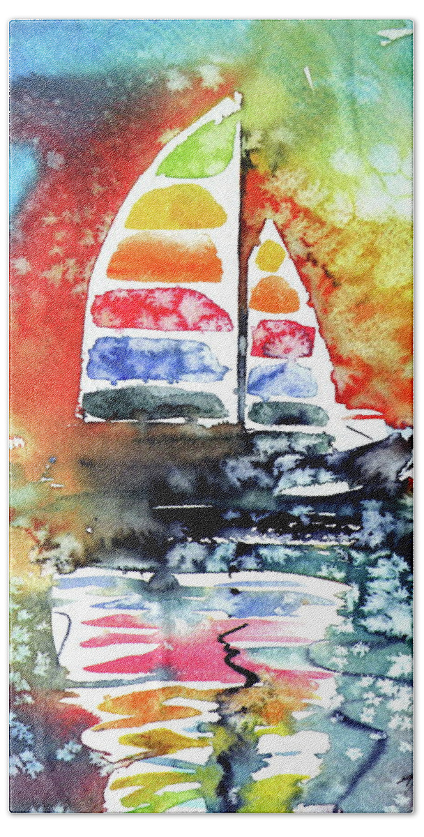 Sailboat Bath Towel featuring the painting Rainbow sailboat at sunset #1 by Kovacs Anna Brigitta