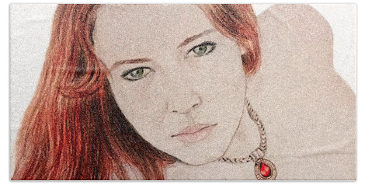 Drawing Hand Towel featuring the drawing Red Hair and Freckled Beauty #1 by Jim Fitzpatrick