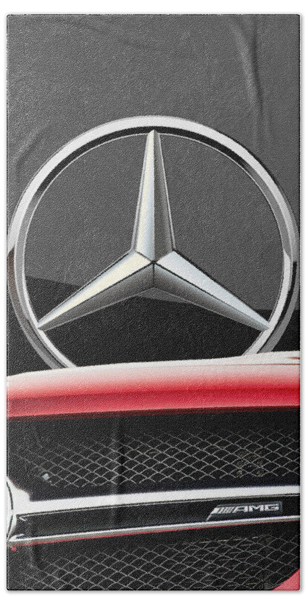 'auto Badges' By Serge Averbukh Hand Towel featuring the photograph Red Mercedes - Front Grill Ornament and 3 D Badge on Black by Serge Averbukh