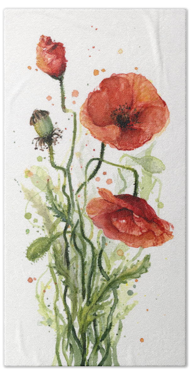 Red Poppy Hand Towel featuring the painting Red Poppies Watercolor #1 by Olga Shvartsur