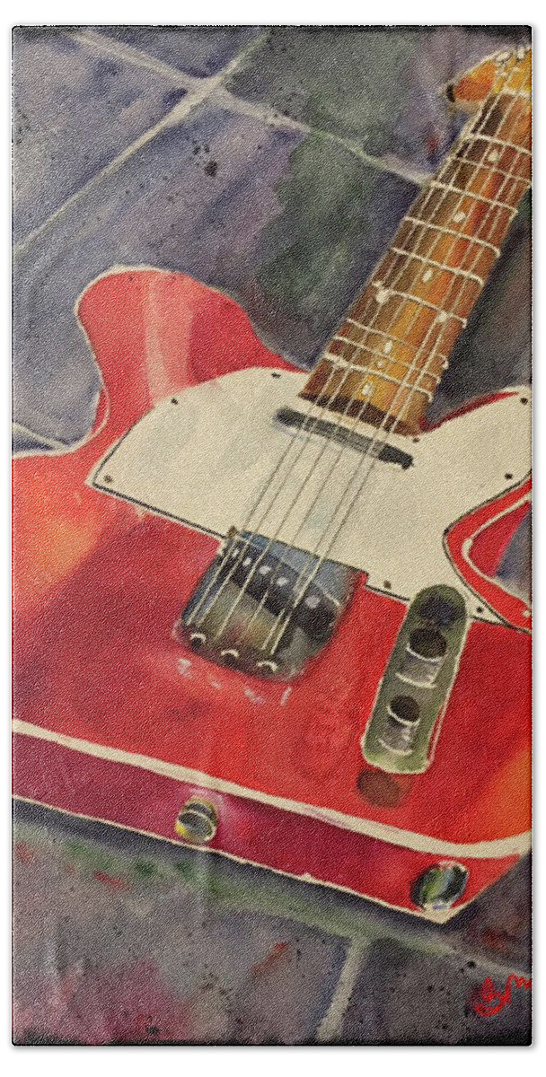 Red Telecaster Hand Towel featuring the painting Red Telecaster #1 by Bonny Butler