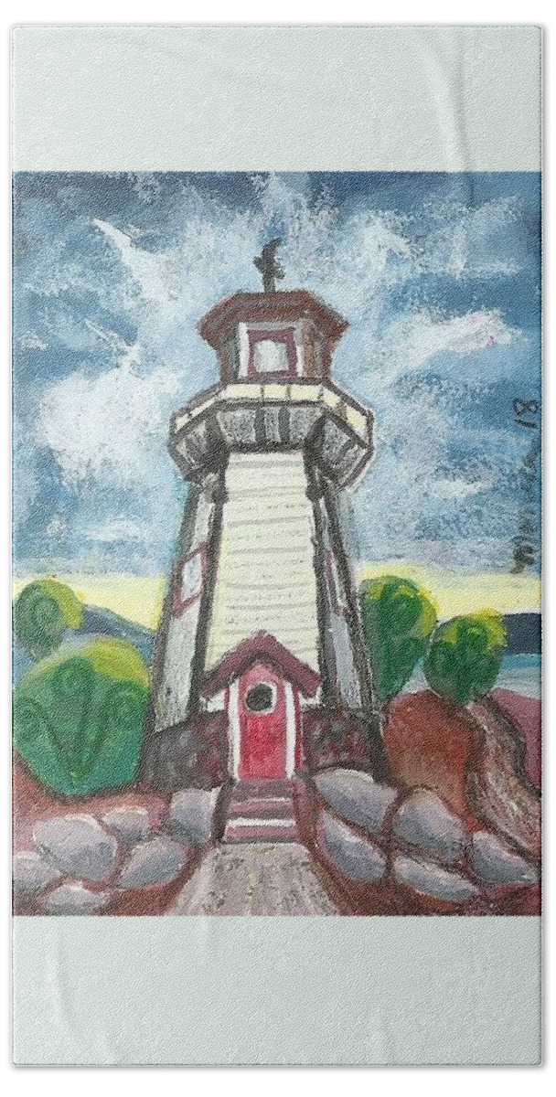 Lighthouse Hand Towel featuring the painting River Rouge Memorial Lighthouse by Monica Resinger