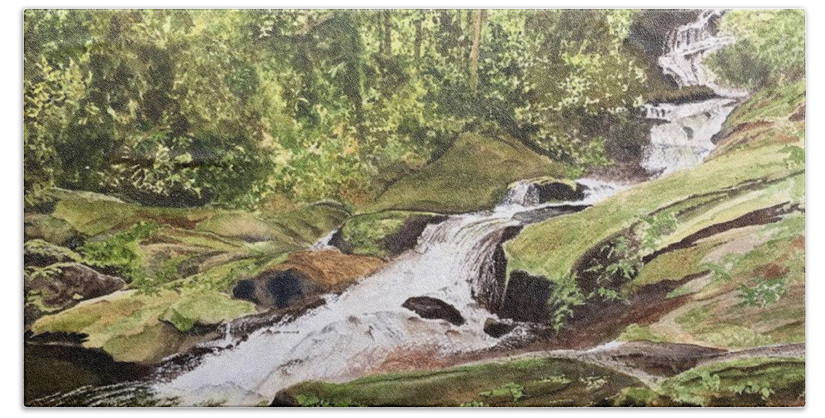 Roaring Fork Falls Bath Towel featuring the painting Roaring Fork Falls -- June 2017 #1 by Joel Deutsch
