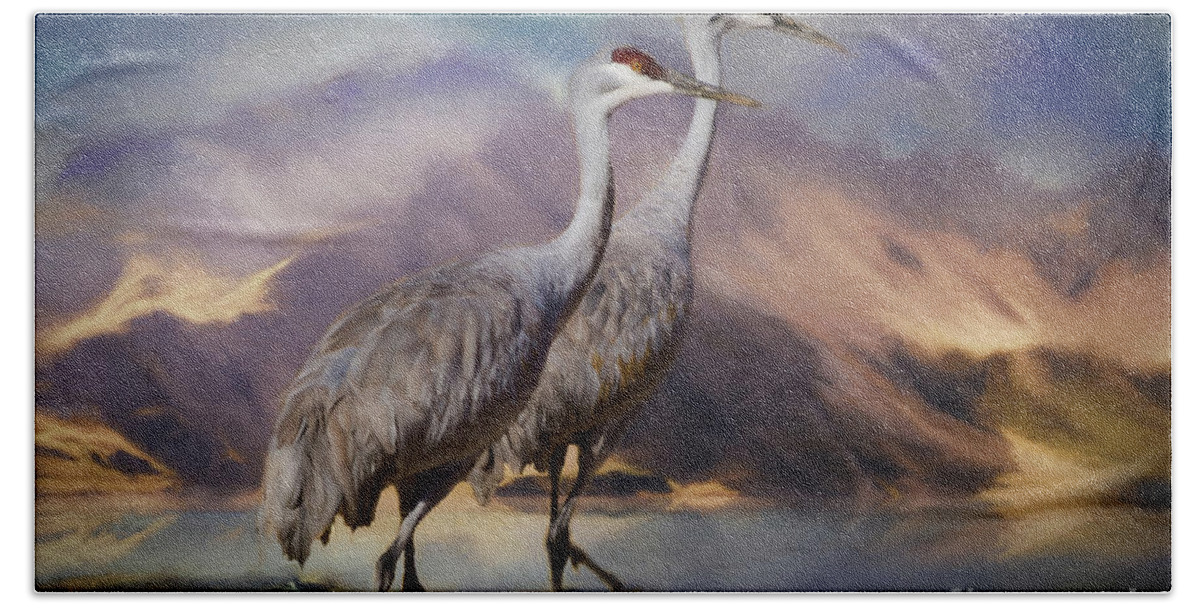 Crane Bath Towel featuring the painting Rocky Mountain Sandhill Cranes by Janice Pariza