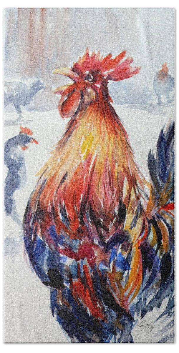Animal Hand Towel featuring the painting Rooster #4 by Kovacs Anna Brigitta