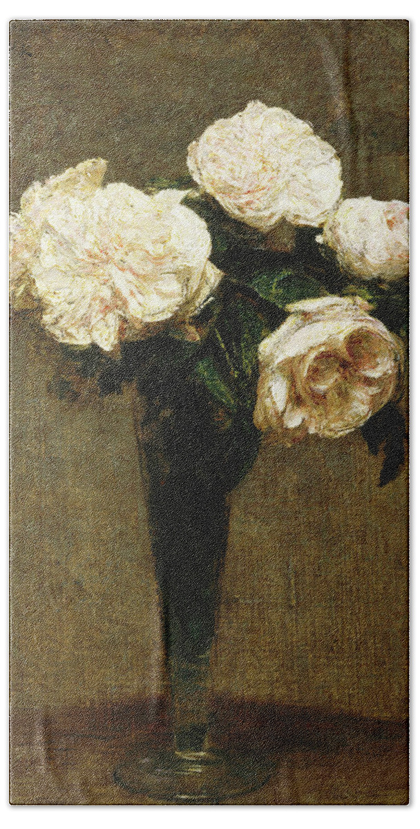 Henri Fantin-latour Hand Towel featuring the painting Roses in a Vase #1 by Henri Fantin-Latour