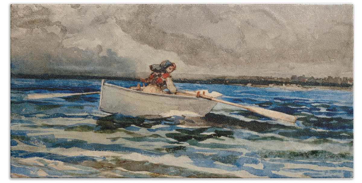Rowing At Prout's Neck Hand Towel featuring the painting Rowing at Prouts Neck by Winslow Homer by Winslow Homer
