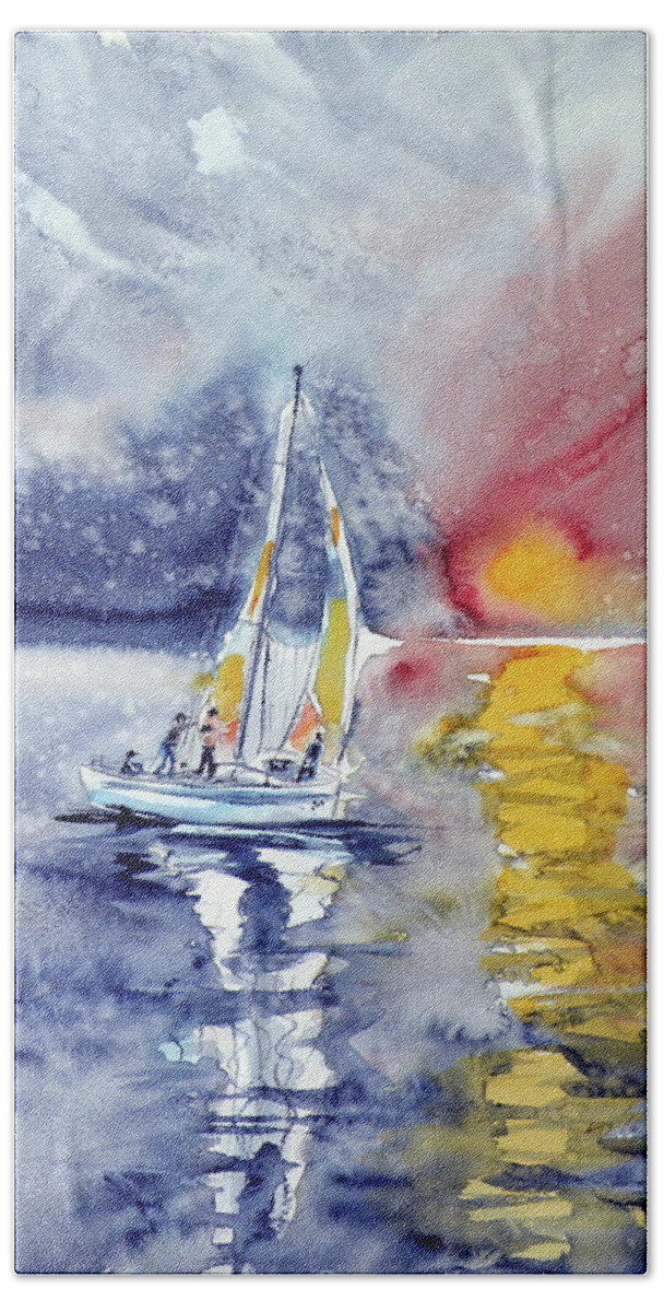 Sailboat Bath Towel featuring the painting Sailboat at sunset #1 by Kovacs Anna Brigitta
