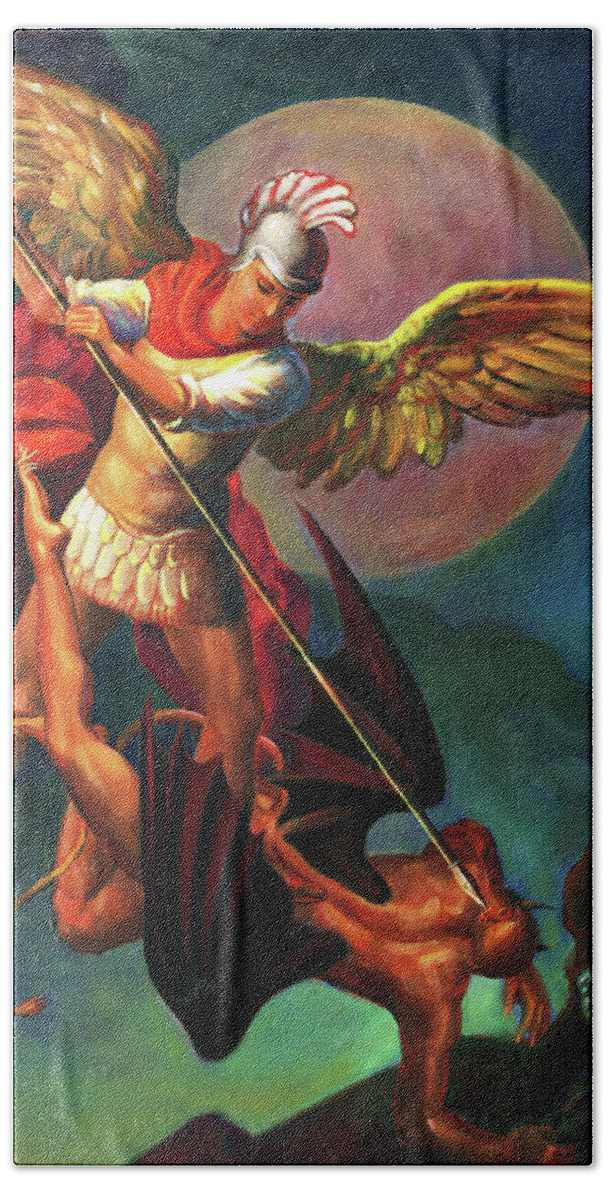 Bible Hand Towel featuring the painting Saint Michael the Warrior Archangel #1 by Svitozar Nenyuk