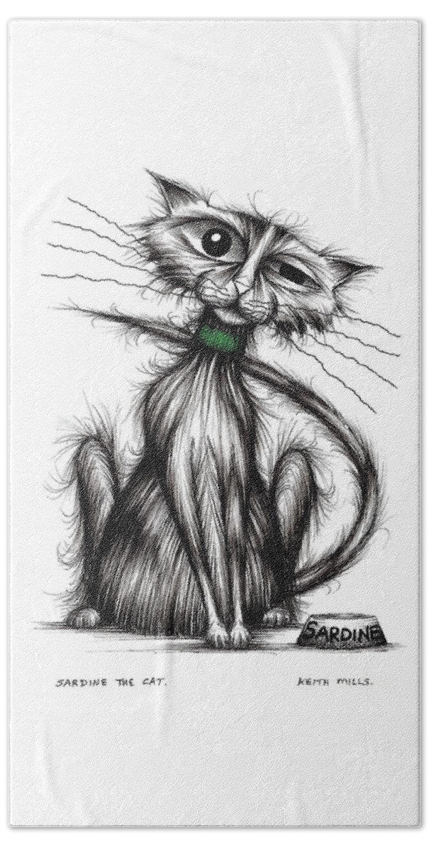 Sardine Hand Towel featuring the drawing Sardine the cat #1 by Keith Mills
