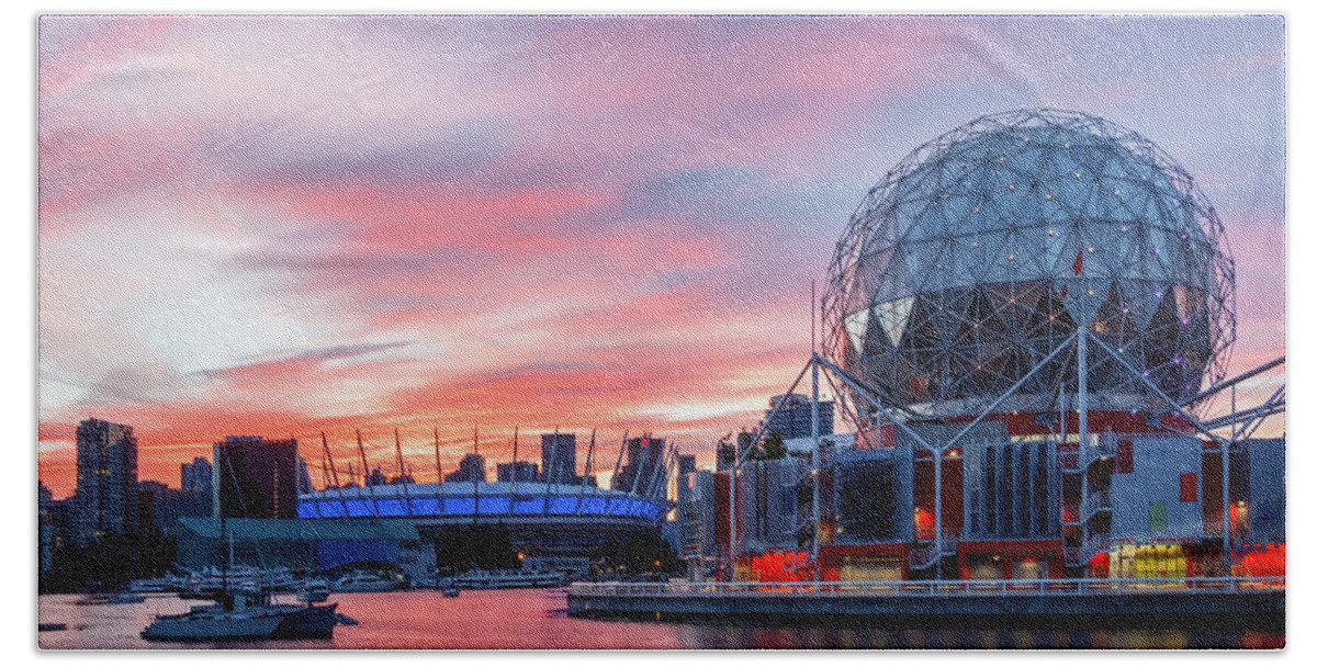 Canada Hand Towel featuring the photograph Science World and BC Place Stadium at Sunset. Vancouver, BC by Rick Deacon