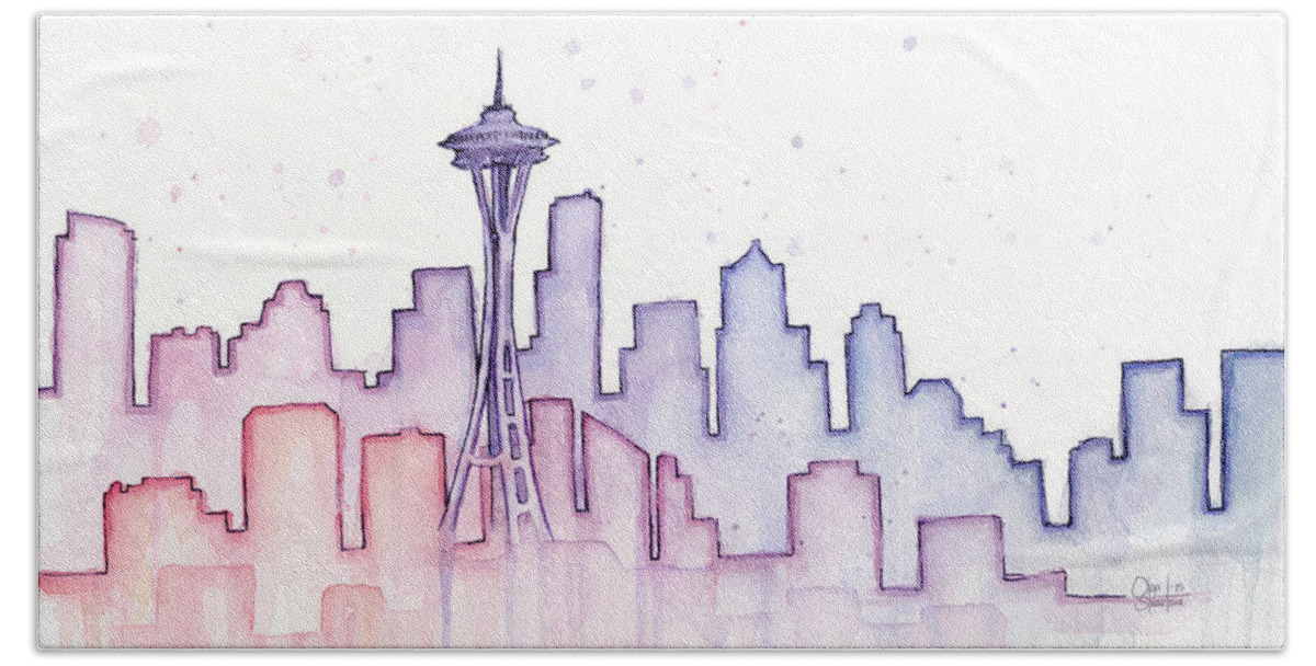 Watercolor Hand Towel featuring the painting Seattle Skyline Watercolor #2 by Olga Shvartsur