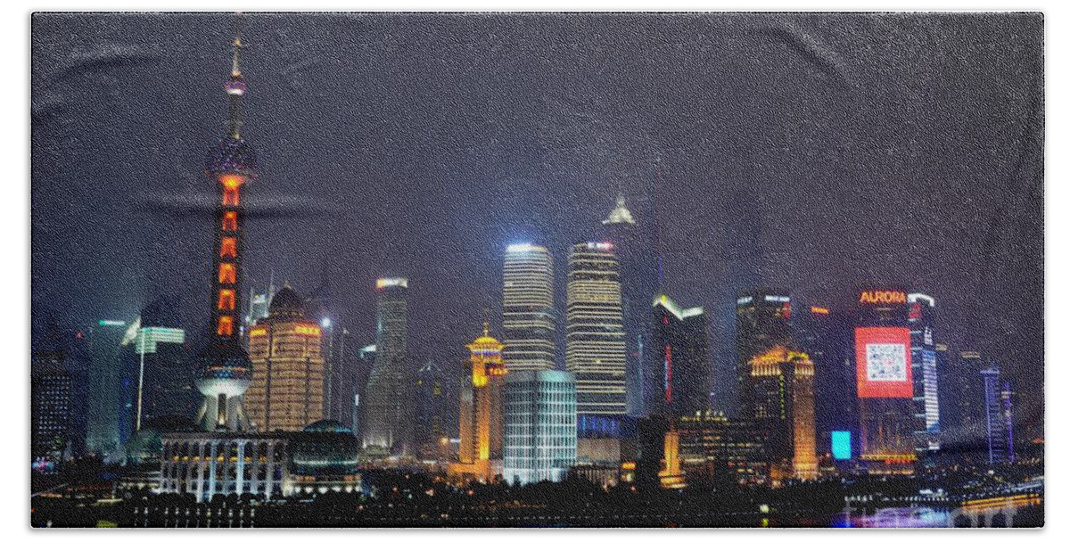 Shanghai Hand Towel featuring the photograph Shanghai China skyline at night from Bund #1 by Imran Ahmed