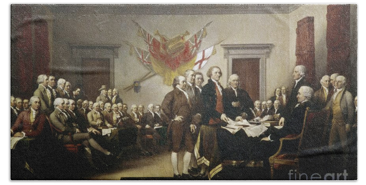 Signing Hand Towel featuring the painting Signing the Declaration of Independence by John Trumbull