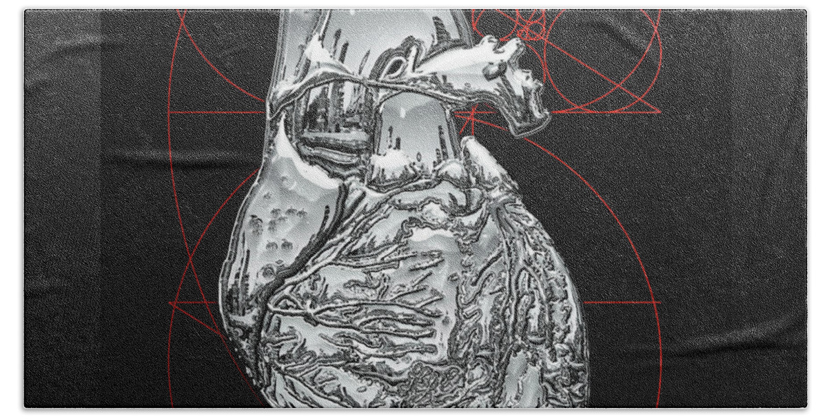 inner Workings Collection By Serge Averbukh Bath Towel featuring the photograph Silver Human Heart on Black Canvas #1 by Serge Averbukh