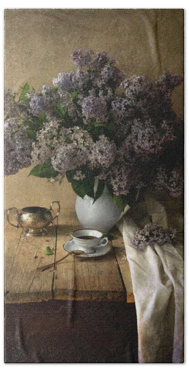 Fowers Hand Towel featuring the photograph Still life with bouquet of fresh lilacs #1 by Jaroslaw Blaminsky