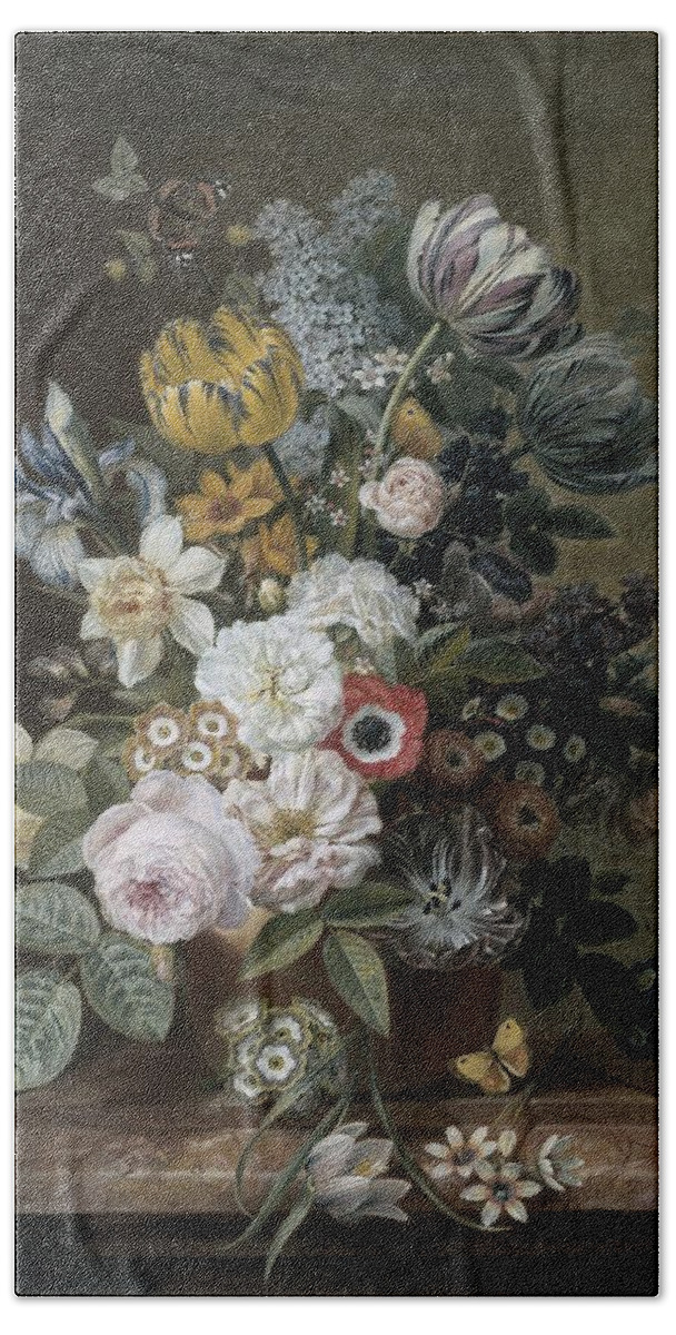 Still Life With Flowers Bath Towel featuring the painting Still Life with Flowers #3 by Celestial Images