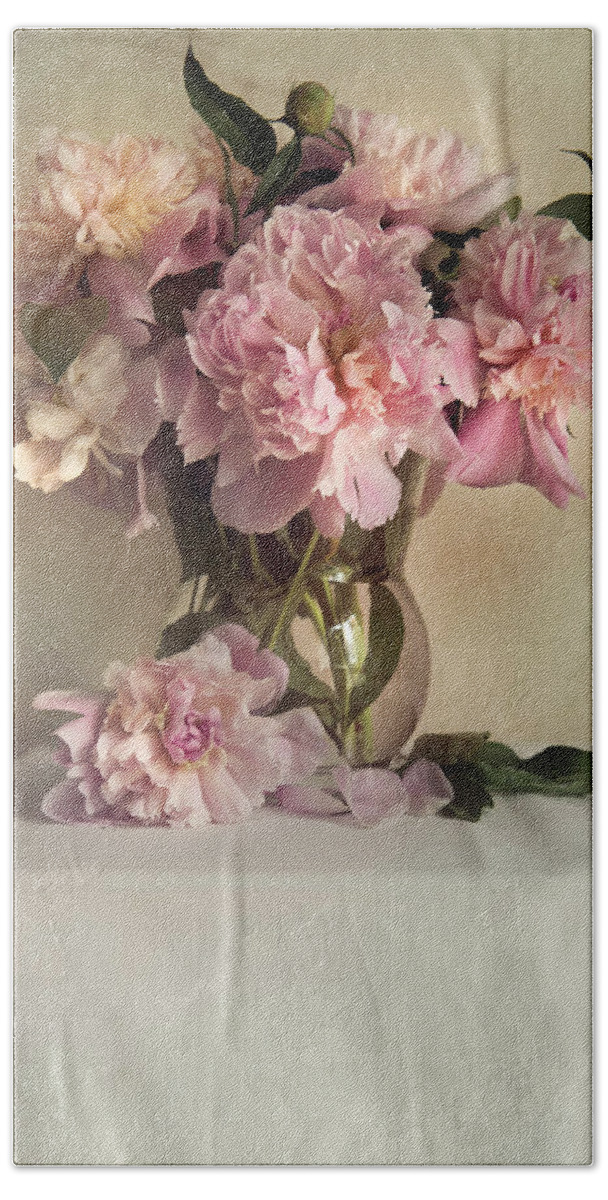 Peony Bath Towel featuring the photograph Still life with pink peonies #1 by Jaroslaw Blaminsky