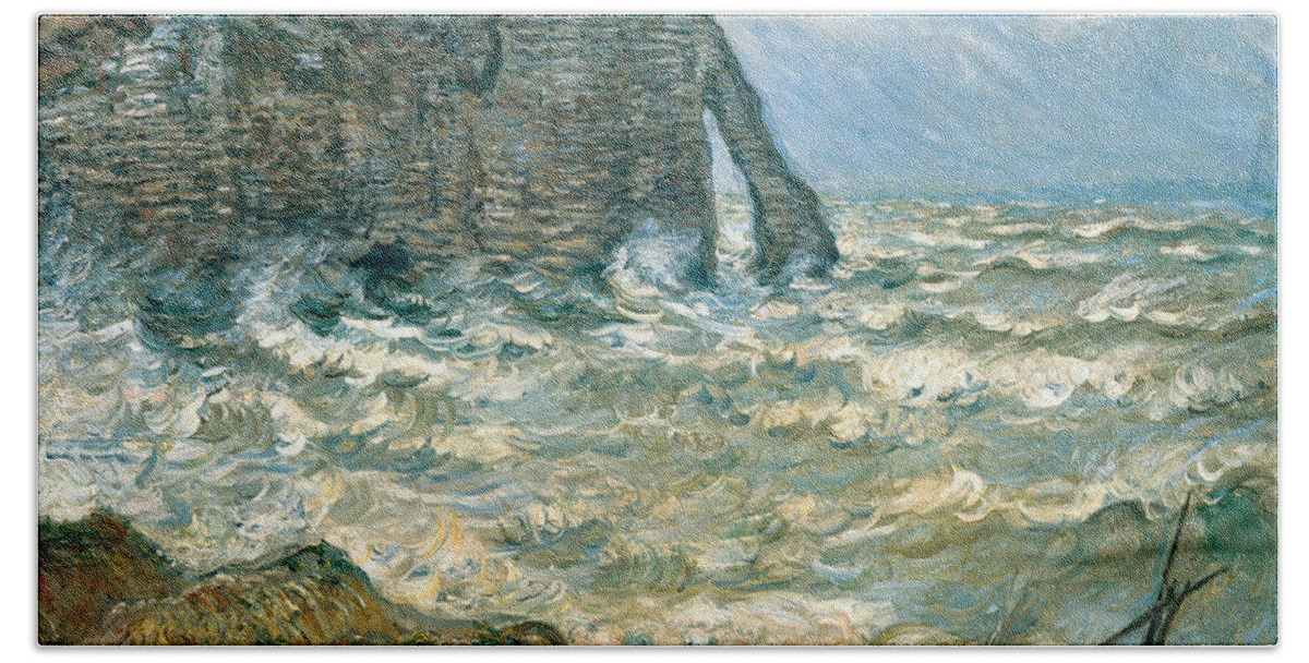 Beach Hand Towel featuring the painting Stormy Sea in Etretat #1 by Claude Monet
