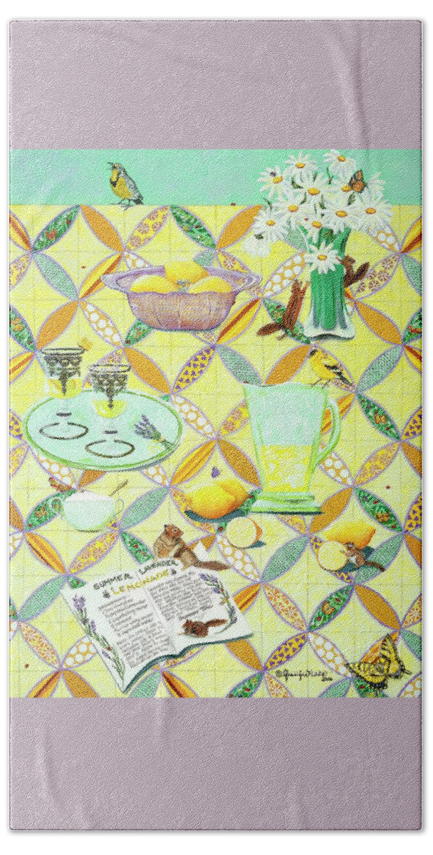 Summer|yellow|quilt|sewing|daisies|chipmunks|meadowlark|patio|porch|yellow|green|goldfinch|birds|butterflies|lemonade|lavender|lemons|recipe|kitchen| Bath Towel featuring the painting Summer Lavender Lemonade by Jennifer Lake