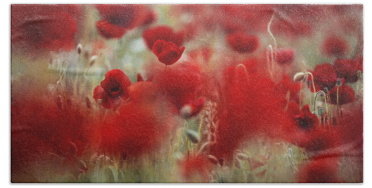 Poppy Hand Towel featuring the photograph Summer Poppy Meadow #1 by Nailia Schwarz