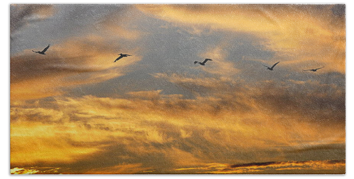 Sunset Hand Towel featuring the photograph Sunset Flight #1 by AJ Schibig