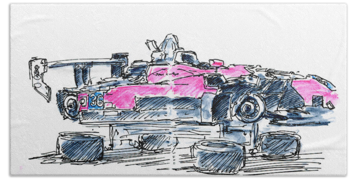 Team One Motorsports Bath Towel featuring the drawing Team One Motorsports Elan DP02 Ink Drawing and Watercolor by Frank Ramspott