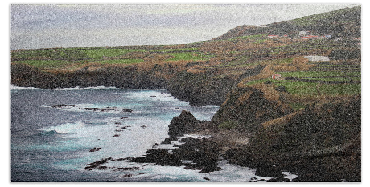 Kelly Hazel Bath Towel featuring the photograph Terceira Coastline #1 by Kelly Hazel