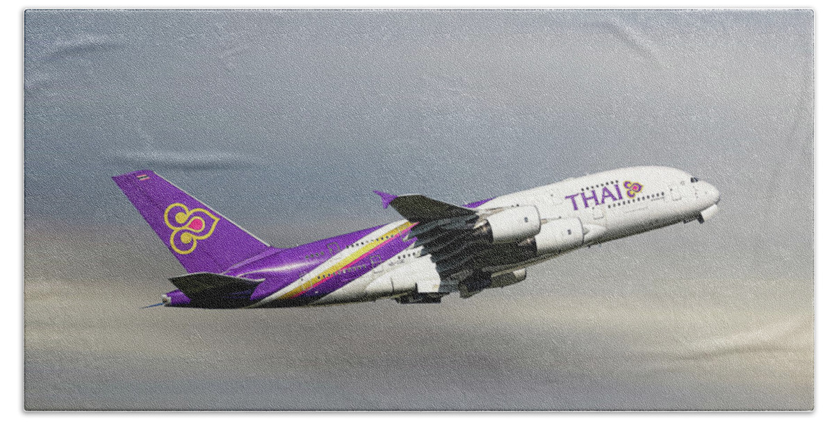 Thai Hand Towel featuring the mixed media Thai Airways Airbus A380-841 by Smart Aviation