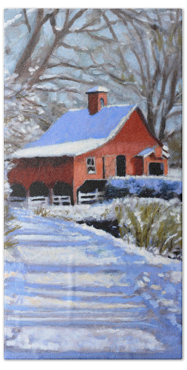 Barn Hand Towel featuring the painting The Barns Early Light #1 by David Zimmerman