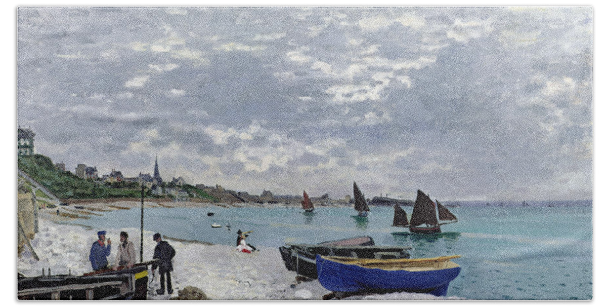 Coastal;french;rowing Boat;sailing;sainte Adresse; Boats Hand Towel featuring the painting The Beach at Sainte Adresse by Claude Monet