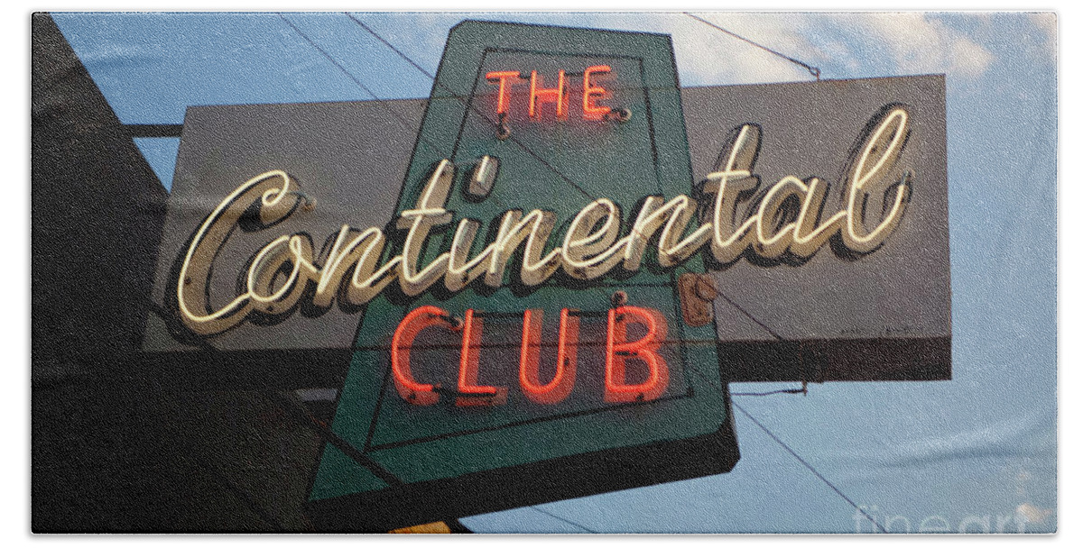 The Continental Club Hand Towel featuring the photograph The Continental Club Sign an historic South Congress Music Venu #1 by Dan Herron