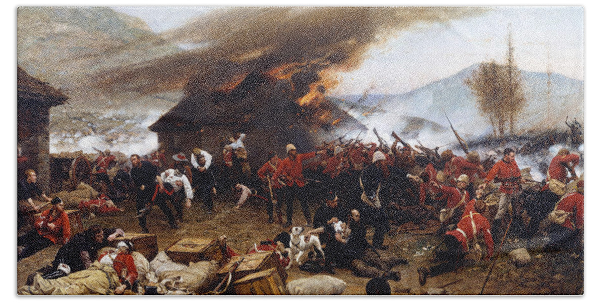 The Defence Of Rorke's Drift 1879 By Alphonse De Neuville Hand Towel featuring the painting The Defence Of Rorke's Drift 1879 #1 by Celestial Images
