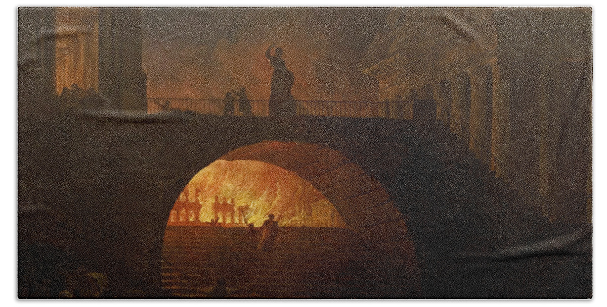 Hubert Robert Bath Towel featuring the painting The Fire of Rome by Hubert Robert
