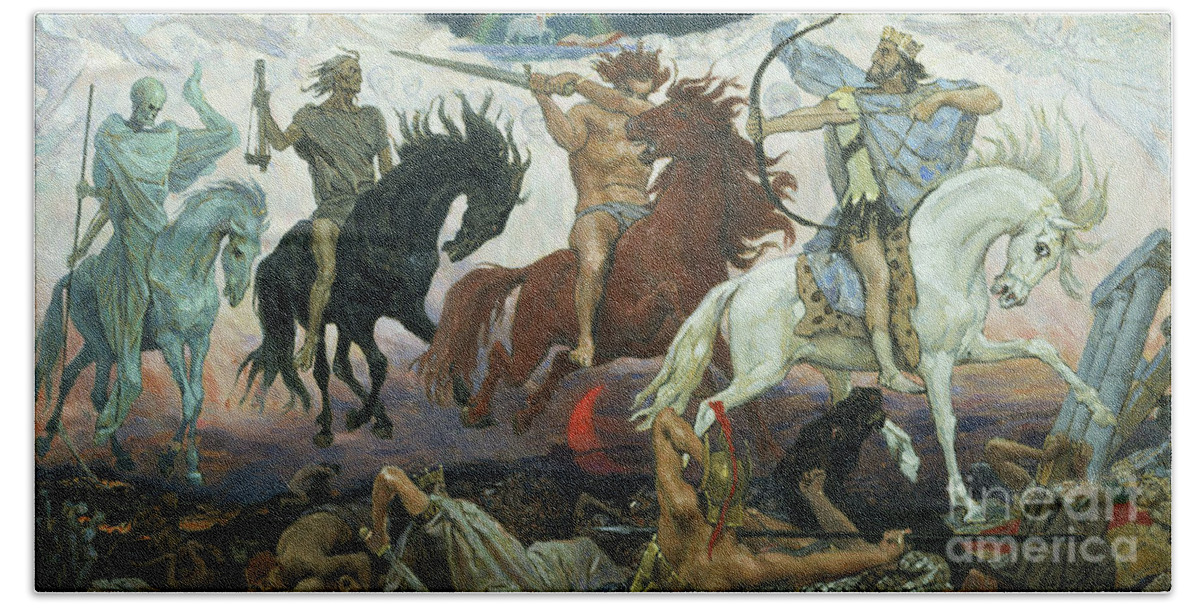 Biblical Hand Towel featuring the painting The Four Horsemen of the Apocalypse by Victor Mikhailovich Vasnetsov