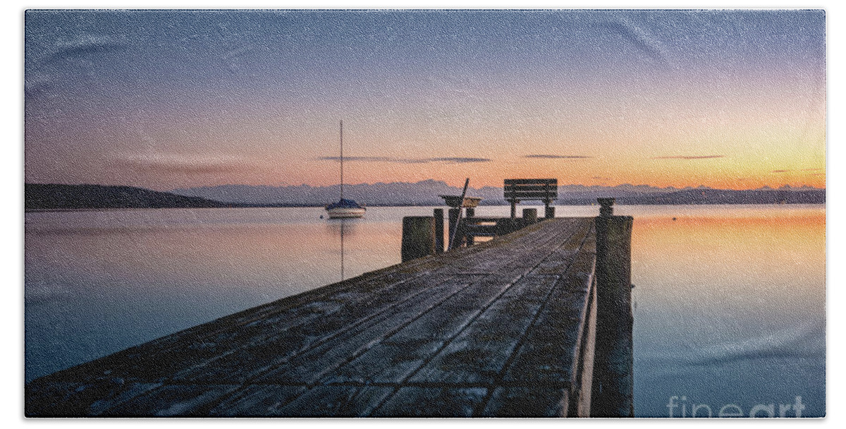 Ammersee Hand Towel featuring the photograph The jetty to sunset by Hannes Cmarits