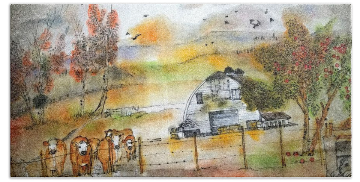 Landscape.. Barn. Cattle . Surprise Bath Towel featuring the painting The Moose Is Loose Album #1 by Debbi Saccomanno Chan